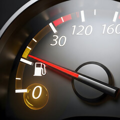 Naklejka premium Close up of fuel gauge showing near empty with red needle pointing to empty and low fuel light illuminated.