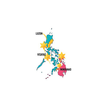 A colorful map of Philippines with marked regions and stars on Luzon, Visayas, and Mindanao.