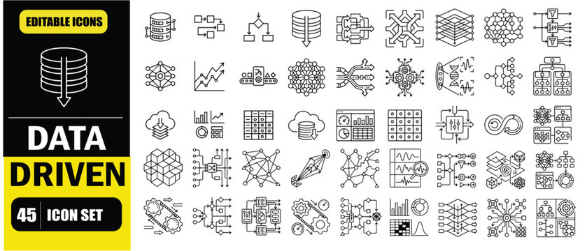 Data Driven Icon Set &ndash; Big Data Analytics, Algorithm, Data Mining, Machine Learning, AI, Predictive Analysis, Database, Visualization and Business Intelligence Line Icons &ndash; Thin Line Editable Stroke V