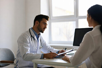 Obraz premium A doctor and patient are engaged in a medical consultation within a clinical office.