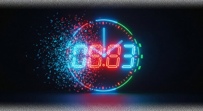 Neon Clock Countdown Dissolving into Particles.