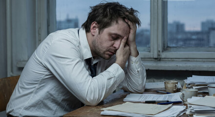 Fototapeta premium Stressed businessman sitting at desk with paperwork