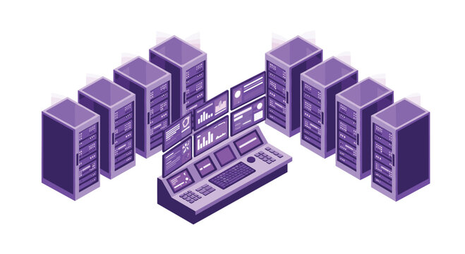 A purple themed server room features a large control console with multiple dashboard screens and two rows of server racks in a futuristic illustration.
