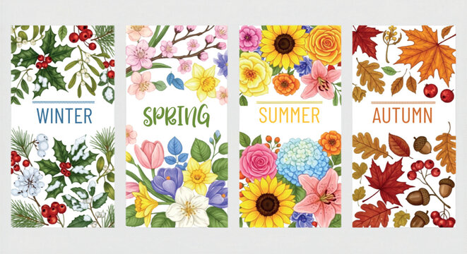 Seasonal floral banners set with winter holly, spring blossoms, summer sunflowers and autumn leaves, four seasons vertical botanical vector illustrations isolated PNG with Transparent Background