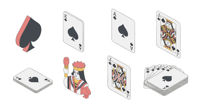 A diverse collection of isometric spade playing cards includes an ace, king, and jack alongside a stylized character of a king holding a scepter.