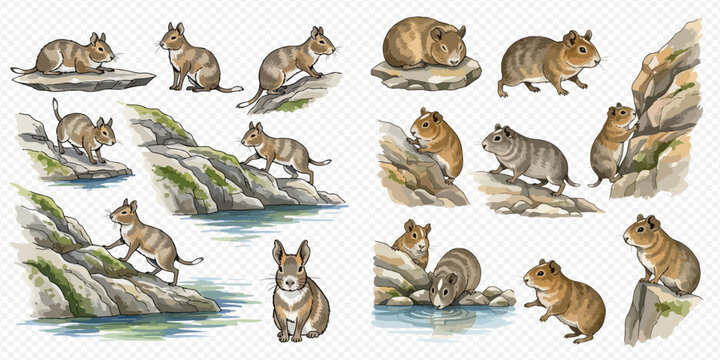 Set of watercolor illustrations of cute degus and cavies in various poses and natural settings.