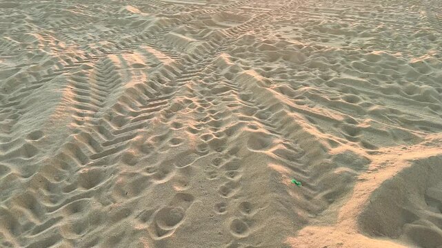 Serene sandy beach with tire tracks, gentle waves, and distant figures on a cloudy day where human presence meets nature quiet vastness.