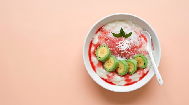 Es Pisang Ijo Green Banana Ice Pastel Peach Background Flat Lay
