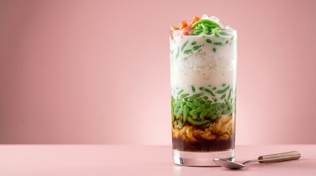 Layered Es Cendol Dessert Drink Pastel Pink Background Copy Space