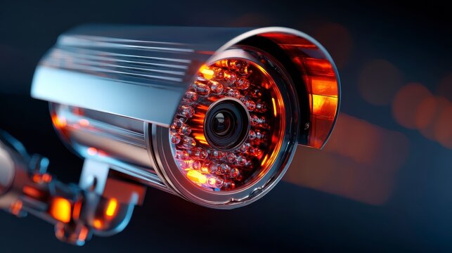 Close-Up View of a Sleek Metal Security Camera with Intricate Details against a Dark Background