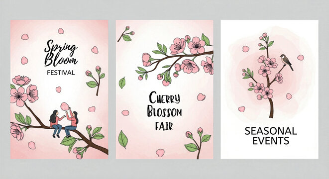 Spring Bloom Festival posters with cherry blossom branches, floral event invitation cards, pink sakura flower illustrations for seasonal fairs isolated PNG with Transparent Background