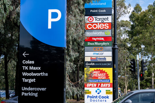 The outdoor retail directory for major Australian retailers at Stockland Point Cook shopping centre in Melbourne's outer western suburbs, Victoria, Australia.