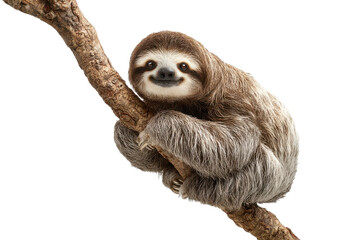 Fototapeta premium Adorable three toed sloth hanging on a branch isolated on transparent background. A captivating three-toed sloth looking while resting on a sturdy branch isolated on white background.