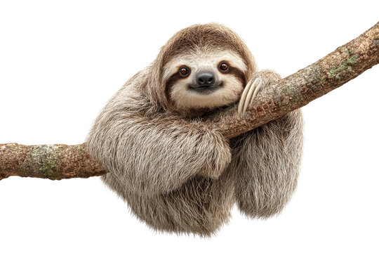 Cute three toed sloth hanging on a branch isolated on transparent background. An adorable two-toed sloth looking directly at the camera while clinging to a tree branch isolated on white background.