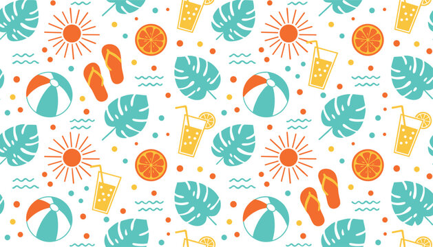 Vector illustration of summer pattern with beach balls, flip flops, leaves and lemonade in seasonal design
