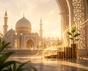 Islamic Finance Growth Concept with Golden Coins and Light Trails Modern Halal Investment Background