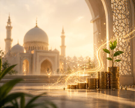 Islamic Finance Growth Concept with Golden Coins and Light Trails  Modern Halal Investment Background