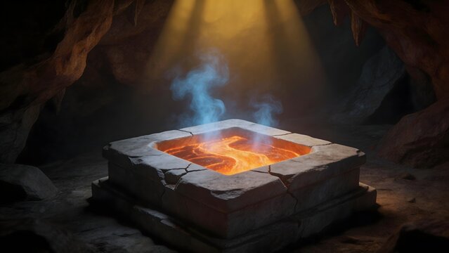 Stone basin with glowing liquid in cave