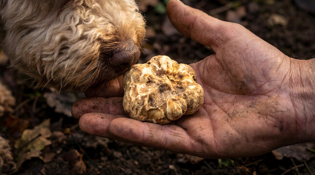 Trained dog and handler finding truffle in forest soil