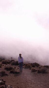 Young woman in white hoodie standing on arid rocky hillside gazing into dramatic rolling fog. Powerful atmospheric travel and wellness scene with soft overexposed misty light and desert shrubs
