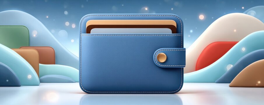 Blue leather wallet icon on gradient background representing finance, payment and secure digital money