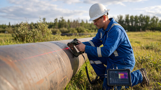 Pipeline inspector using thermal imaging camera on industrial pipe