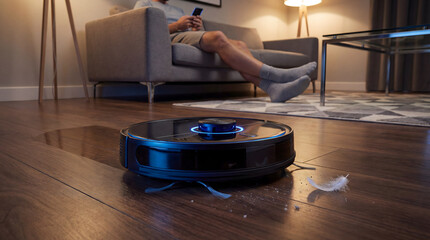 Obraz premium Robotic vacuum cleaner working on hardwood floor in modern living room