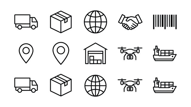 Logistics and delivery icons with air cargo sea cargo supply chain bar code map pin package icon truck icon drone icon globe icon ship icon warehouse icon location icon transport icon