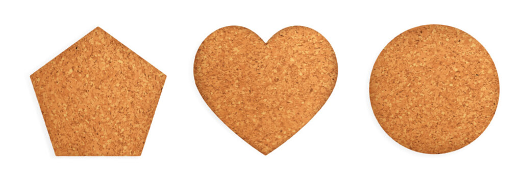 Realistic 3D corkboard with natural texture shapes set, empty surface for pinning notes, memos, and reminders in office or school settings with authentic brown appeal collection.