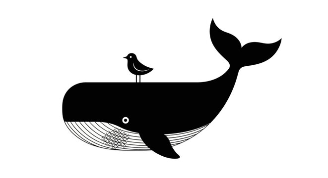 Black whale and bird illustration on white background design concept