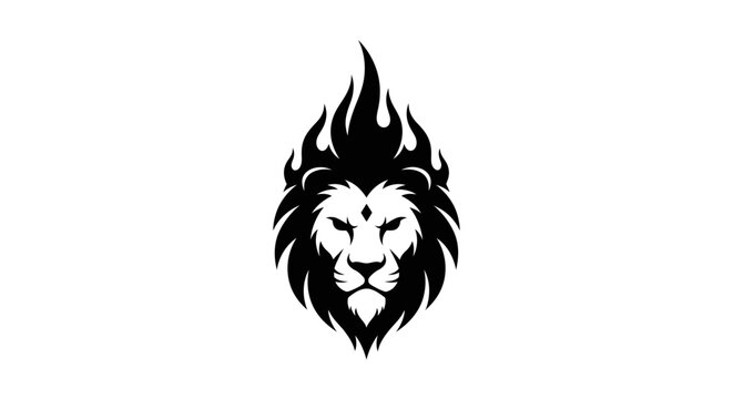 Black lion head logo with flame mane on white background