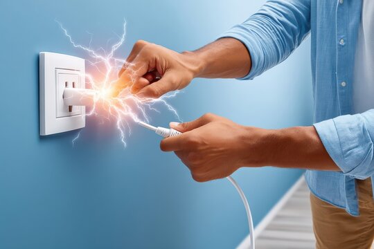 Person receiving electrical shock while plugging a cord into a wall outlet showing danger and hazard