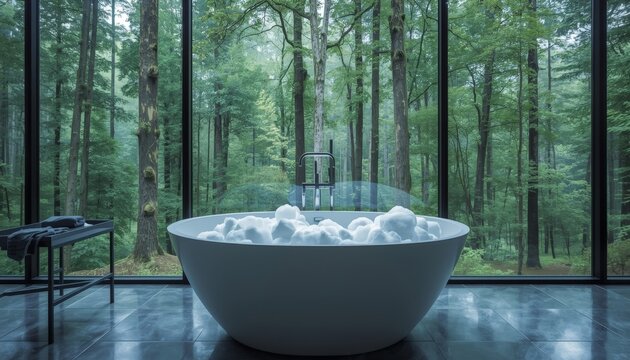 There is a large bathtub in the middle of a room with a view of the woods