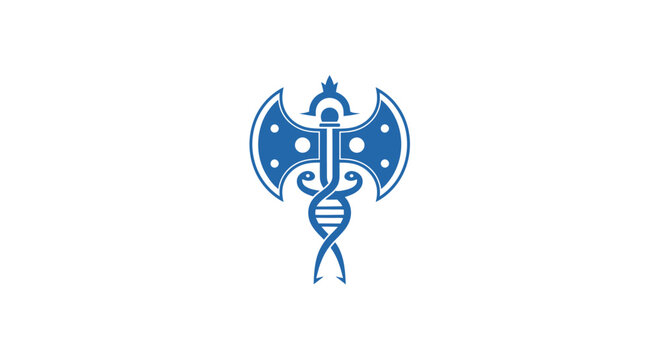 Blue double headed axe and DNA helix logo emblem