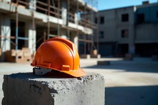 A construction site with a worker&rsquo;s helmet on a block, indicating ongoing building work.