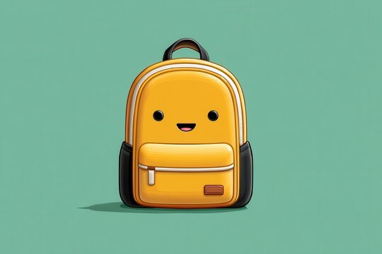 Cute yellow backpack emoji with minimal design and smiling face on teal background for school
