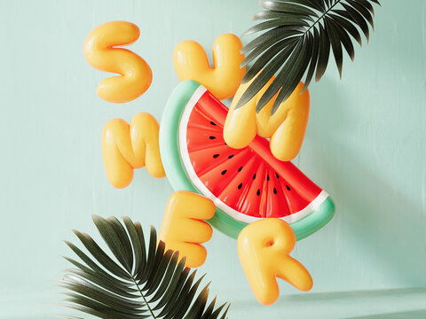 Summer concept with inflatable watermelon and yellow summer text on turquoise blue background with copy space. 3D Rendering, 3D Illustration
