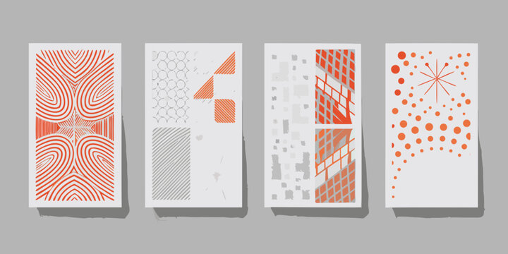 Four abstract panels with varying red geometric patterns on white backgrounds