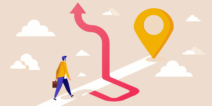 A man walks along a winding path toward a golden location marker