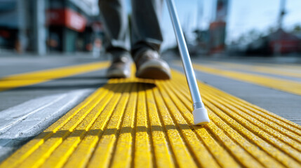 Visually impaired person navigating urban sidewalk with white cane on yellow tactile guiding strips, symbolizing accessibility, disability inclusion and independent mobility outdoors.