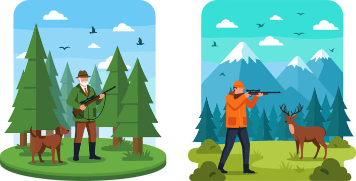 Hunting Scene Illustration with Hunters Aiming Rifles at Deer in Forest and Mountain Landscape, Wildlife Activity, Outdoor Adventure, and Nature Survival Concept
