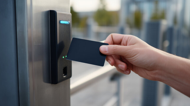 Hand holding dark RFID card near modern access control reader with green and blue lights. Smart security, building entry system and technology concept, urban bokeh background.