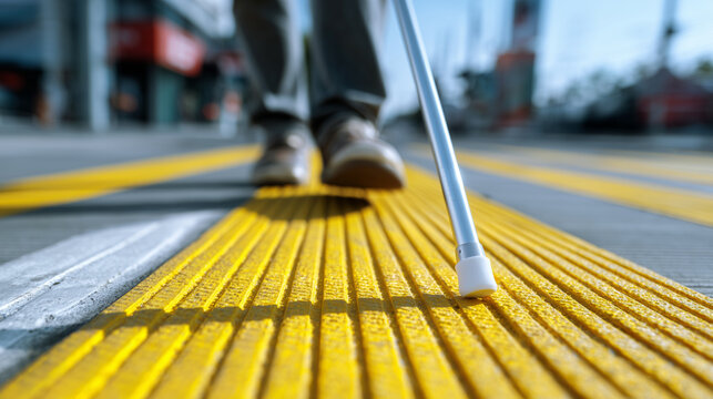 Visually impaired person navigating urban sidewalk with white cane on yellow tactile guiding strips, symbolizing accessibility, disability inclusion and independent mobility outdoors.