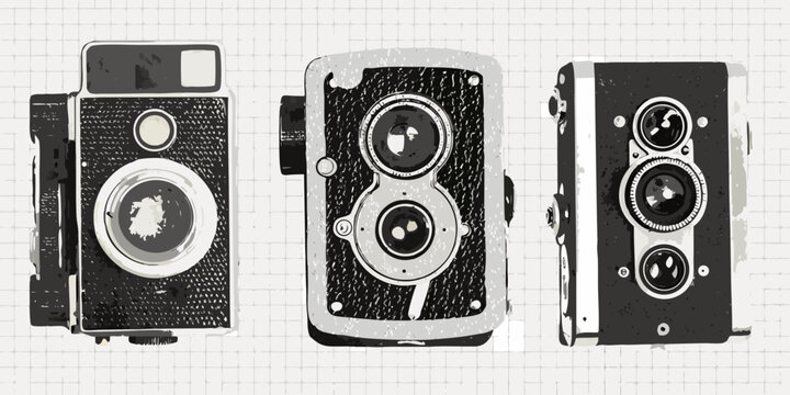 Three vintage twin lens reflex cameras displayed on a grid background