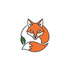 Obraz premium Stylized orange fox logo with a green leaf in a circular design