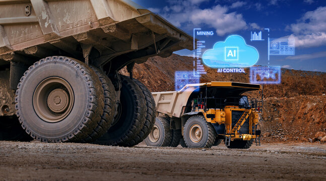 Autonomous mining yellow truck with ai cloud control hologram for industrial fleet monitoring background and remote analytics. Concept artificial intelligence autopilot for industry work
