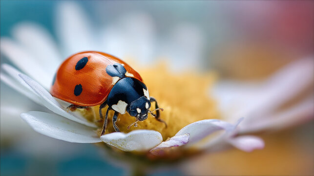 Extreme macro image of a ladybug on a daisy, highlighting fine details of its shell, legs, and antennae.