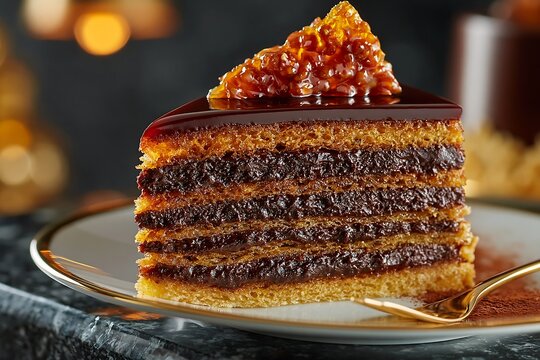 Slice of classic Dobos torte cake with rich chocolate and caramel glaz