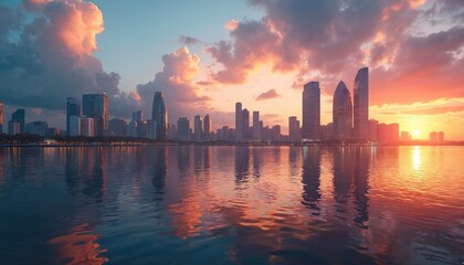 Fototapeta premium Modern city skyline at sunset. Tall glass buildings reflect on calm water surface. Fiery clouds fill the sky. Cityscape overlooks calm bay area at dusk.