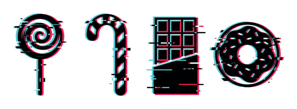 Lollipop, candy cane, chocolate bar, and donut icons with a modern digital glitch effect, representing sweet treats and technology.